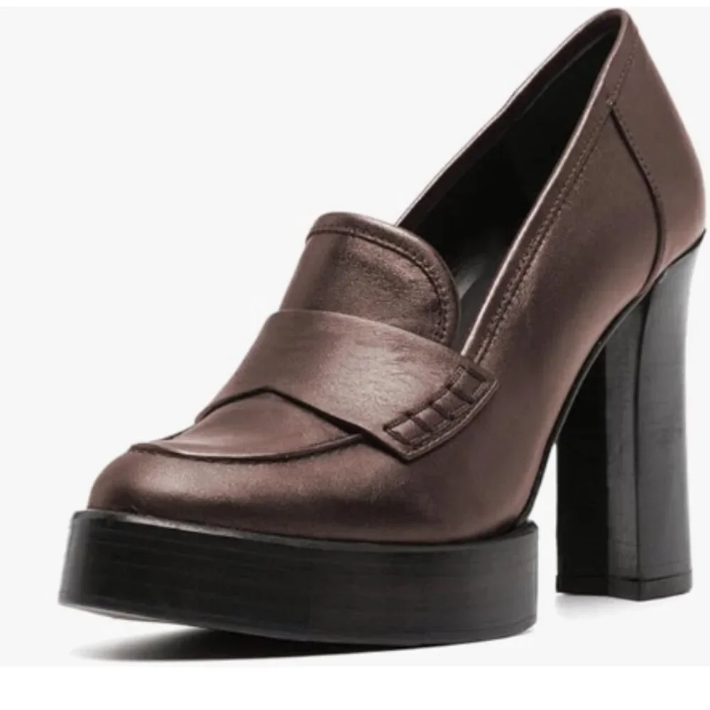 Milooey shoes Saddle Brown Platform Round Toe Block High Heels Penny Loafer Pump